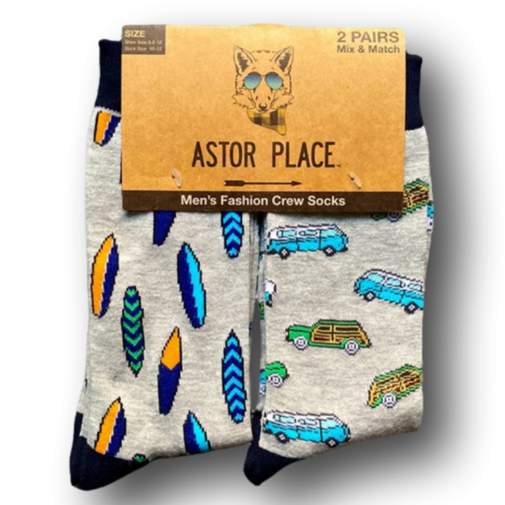 Astor Place Mens Fashion Crew Socks - Feathers & Camping - Brand New